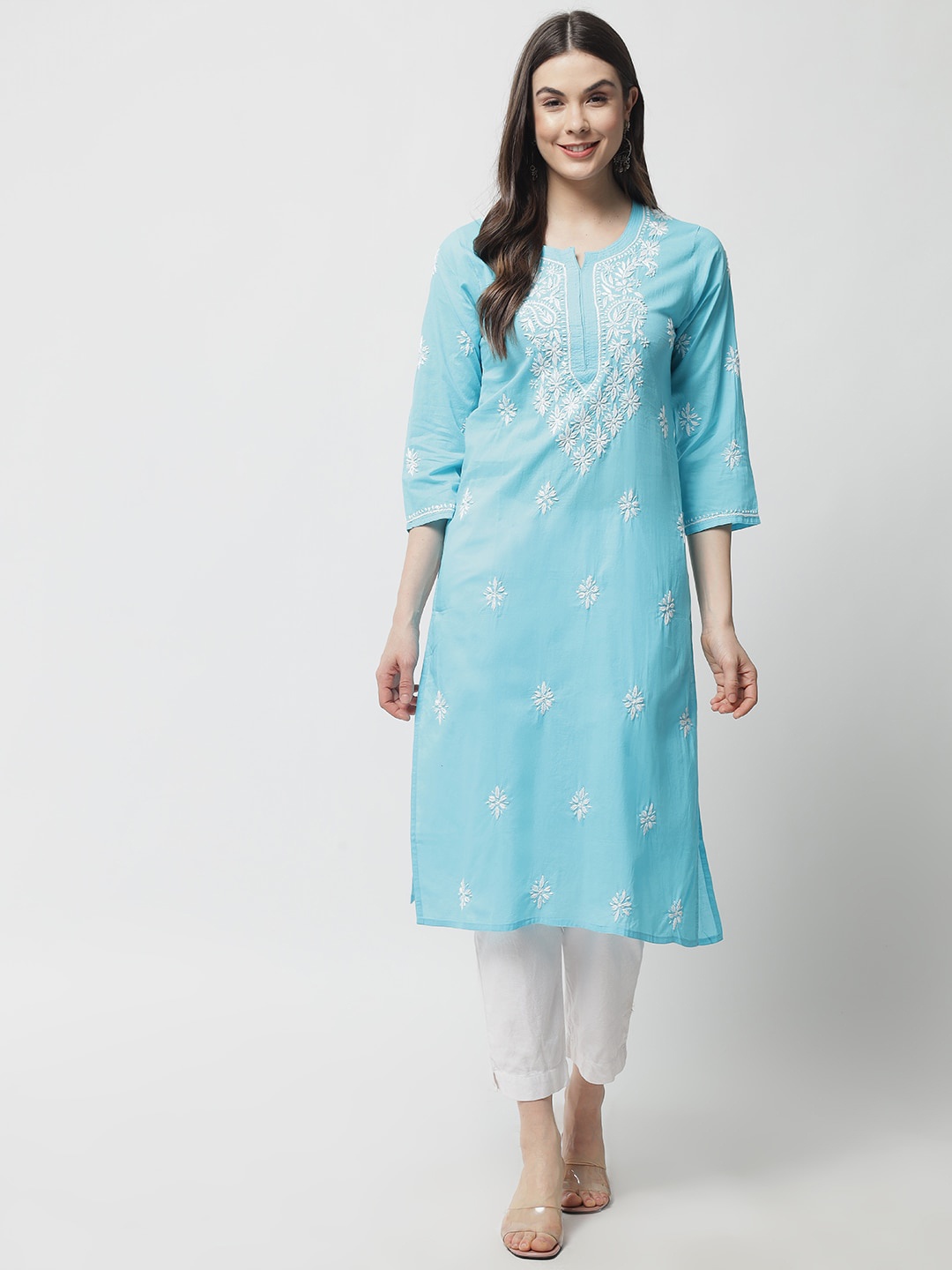 

Ethnava Ethnic Motifs Embroidered Thread Work Cotton Straight Kurta, Turquoise blue