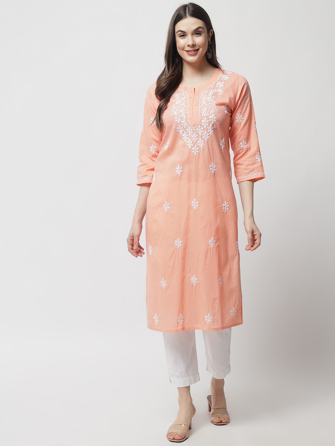 

Ethnava Ethnic Motifs Embroidered Thread Work Cotton Straight Kurta, Peach