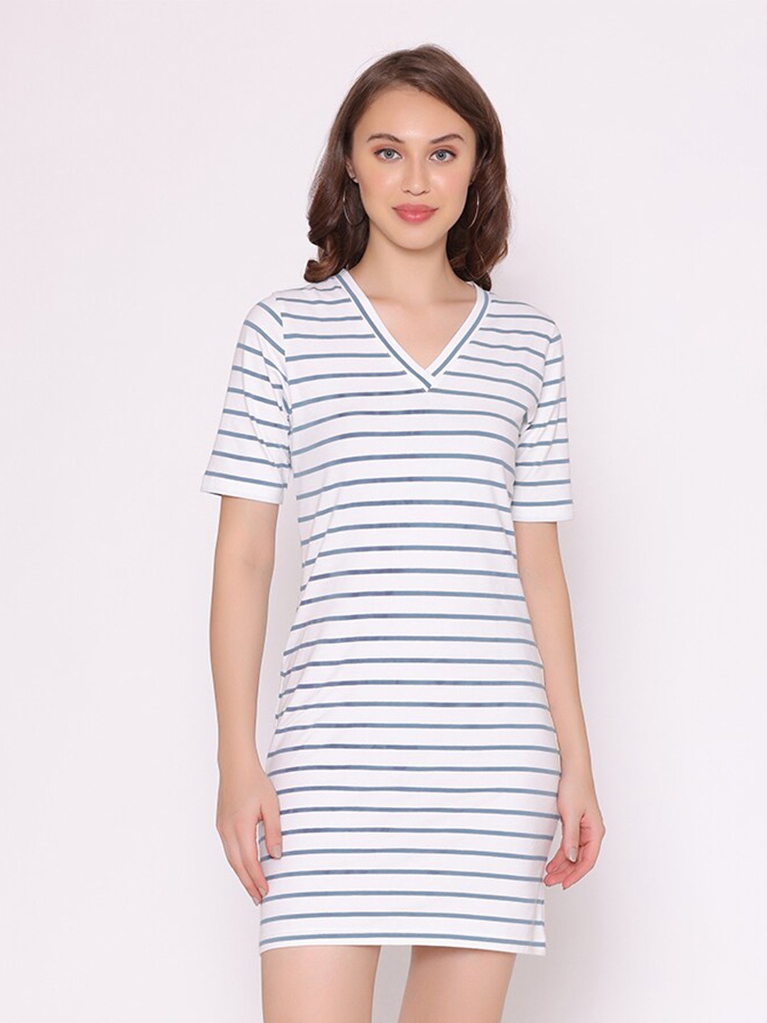 

FLAWLESS Striped V-Neck Short Sleeve Cotton Sheath Dress, Blue