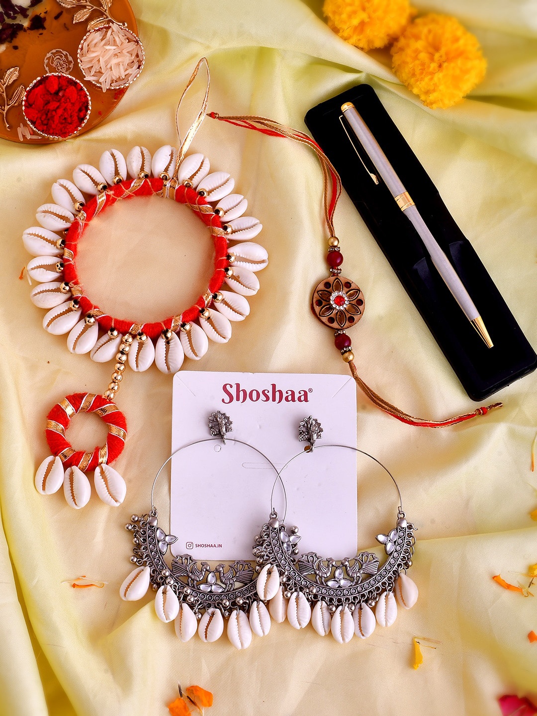 

Shoshaa Kundan Rakhi With Bangle & Pen & Earrings Gift Set, Red