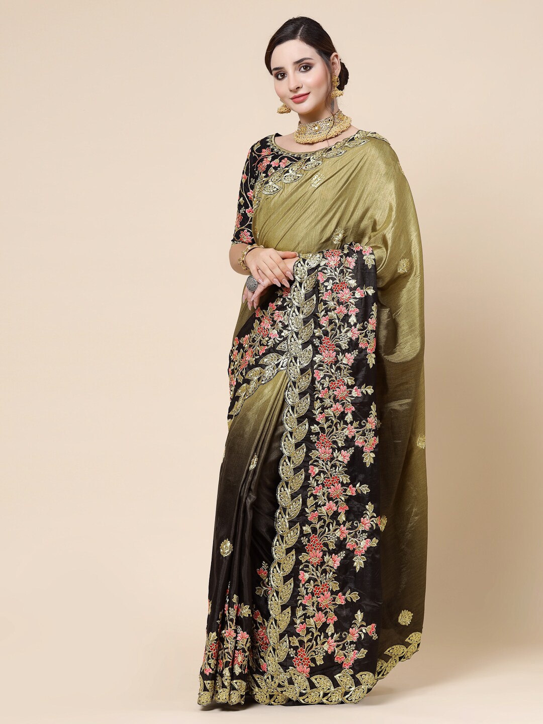 

KALINI Floral Embroidered Saree, Green