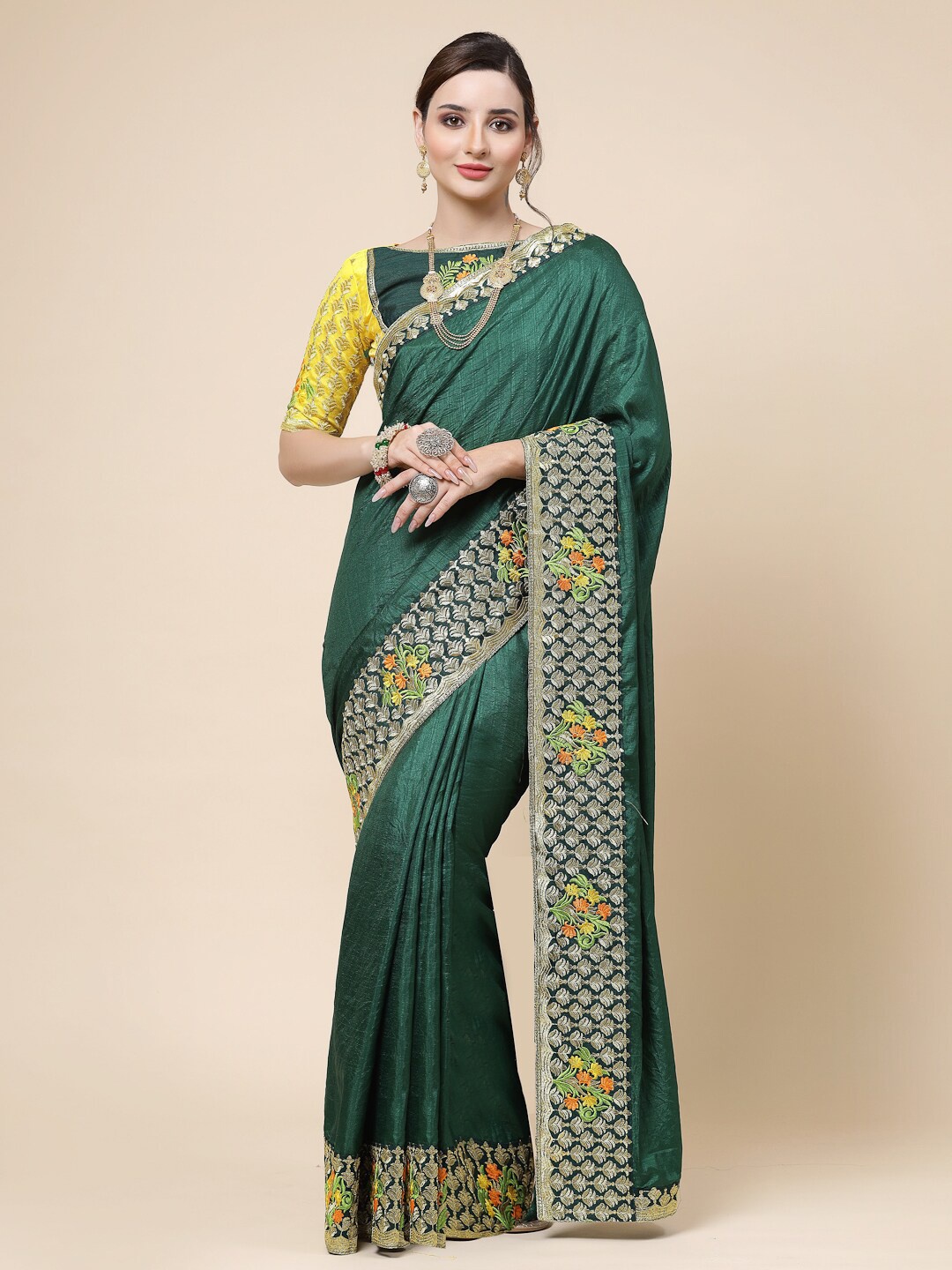 

KALINI Embroidered Art Silk Saree, Green