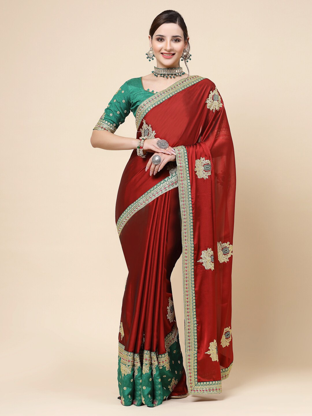 

KALINI Ethnic Motifs Embroidered Art Silk Saree, Red