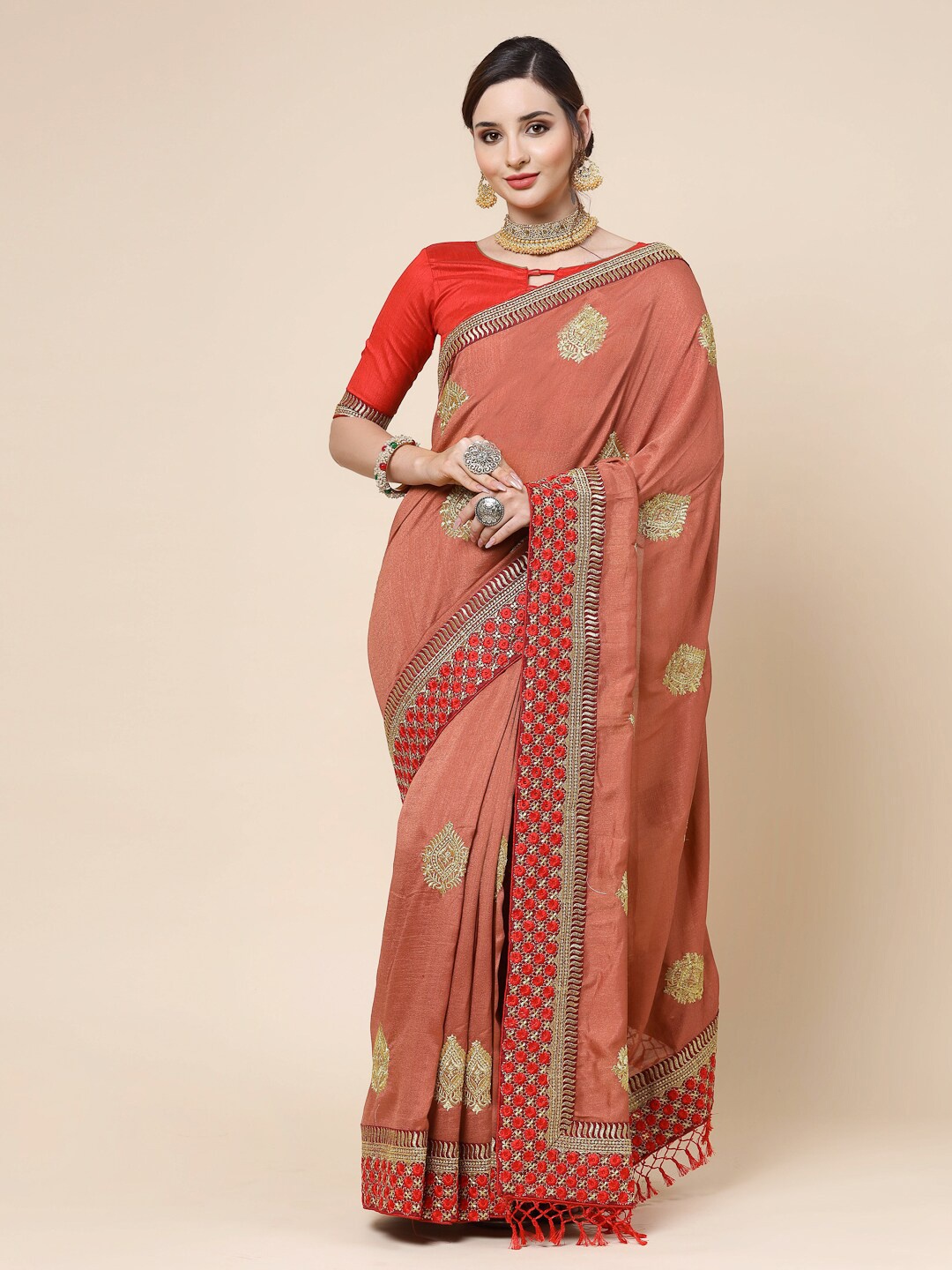 

KALINI Ethnic Motifs Embroidered Art Silk Saree, Red
