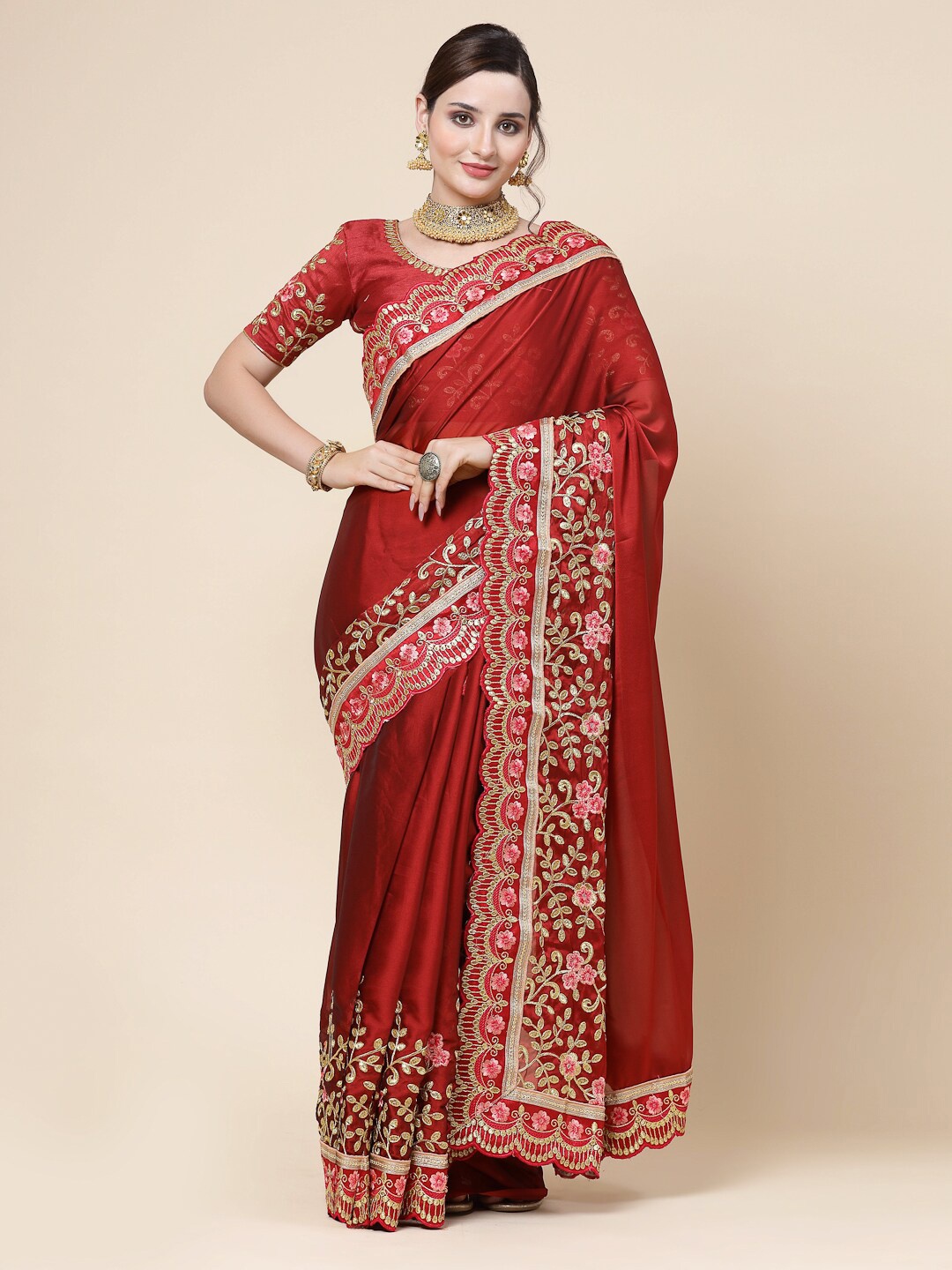 

KALINI Ethnic Motifs Embroidered Saree, Red