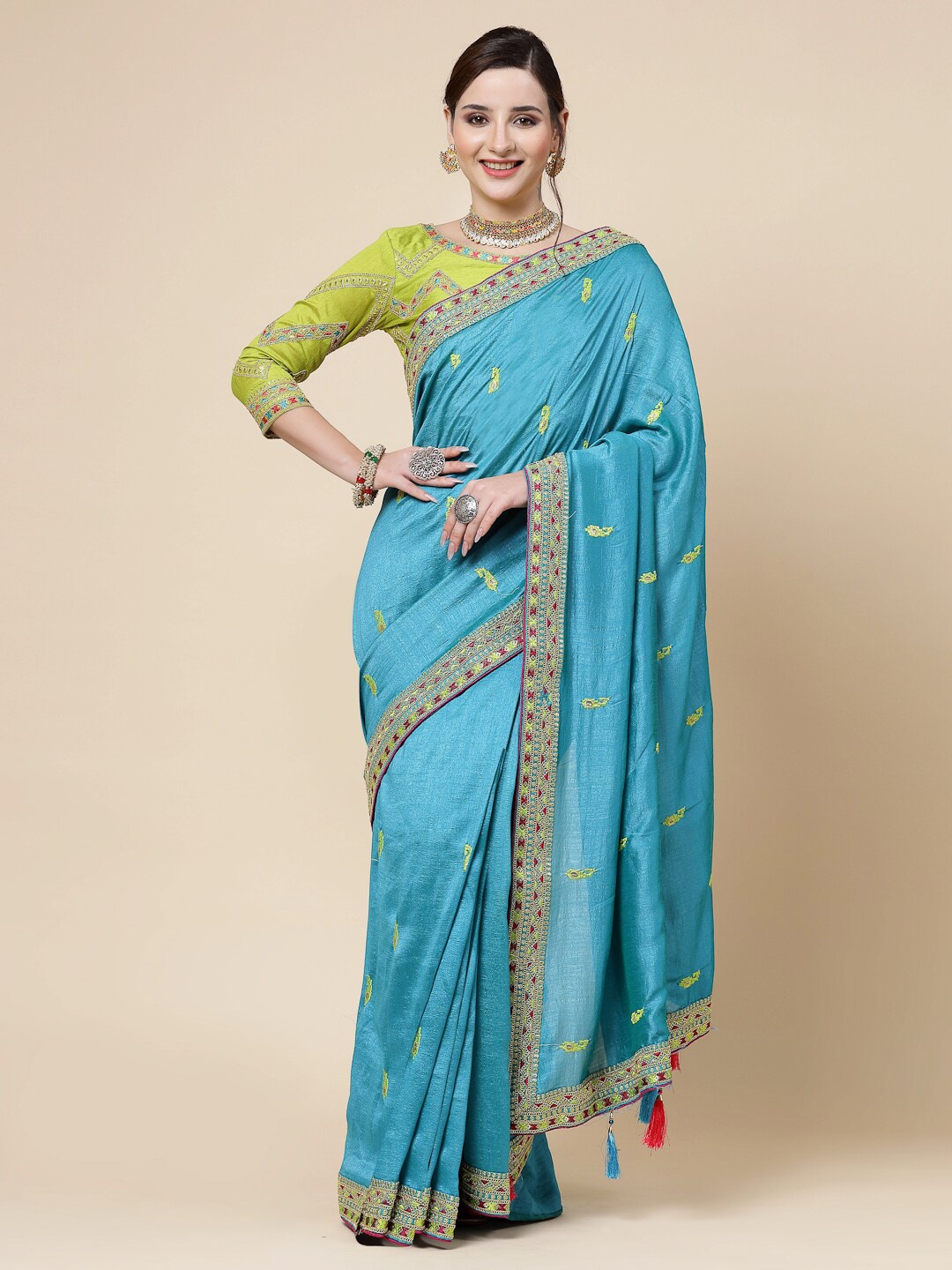 

KALINI Floral Embroidered Art Silk Saree, Blue