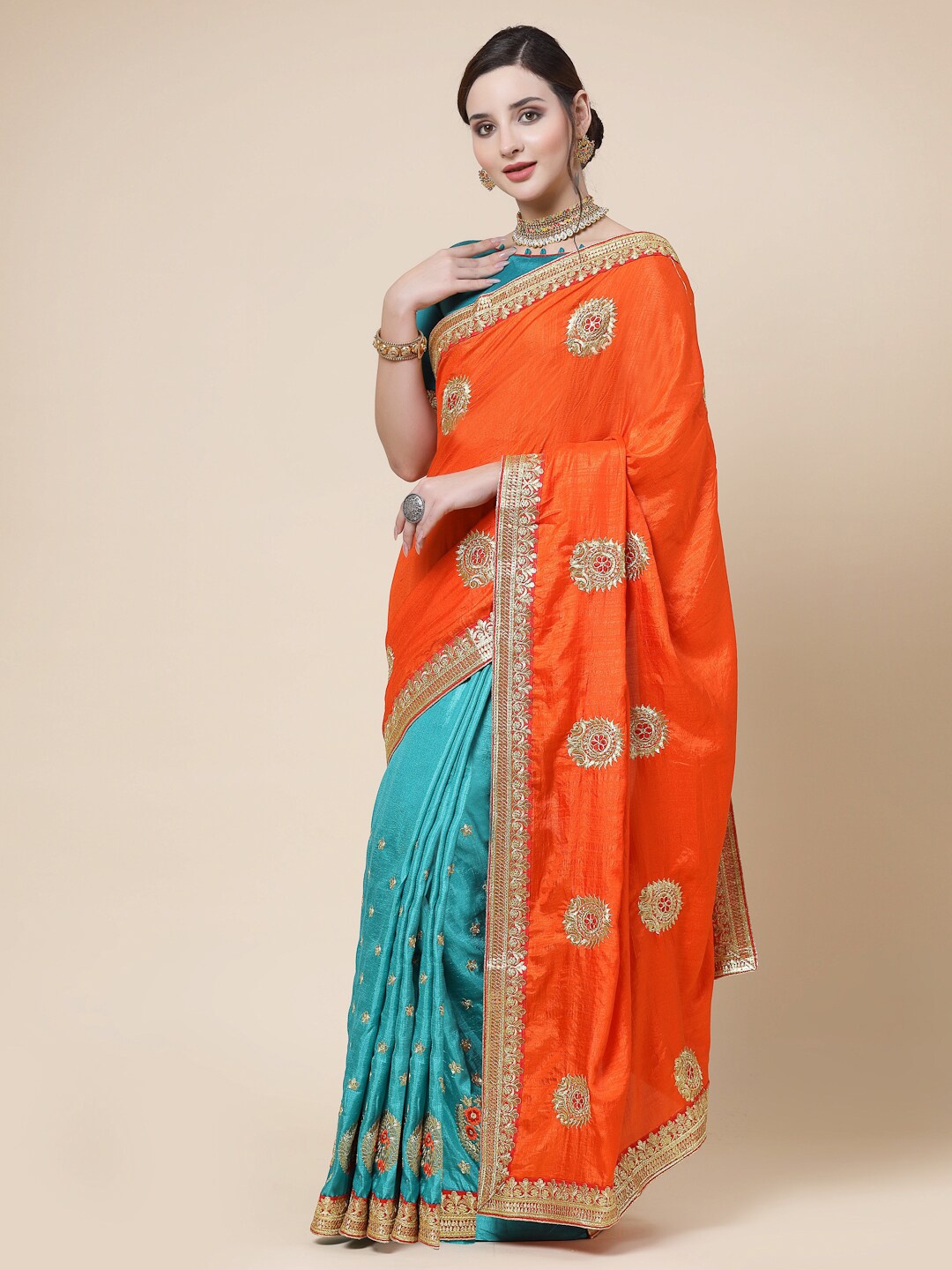 

KALINI Floral Embroidered Art Silk Saree, Orange