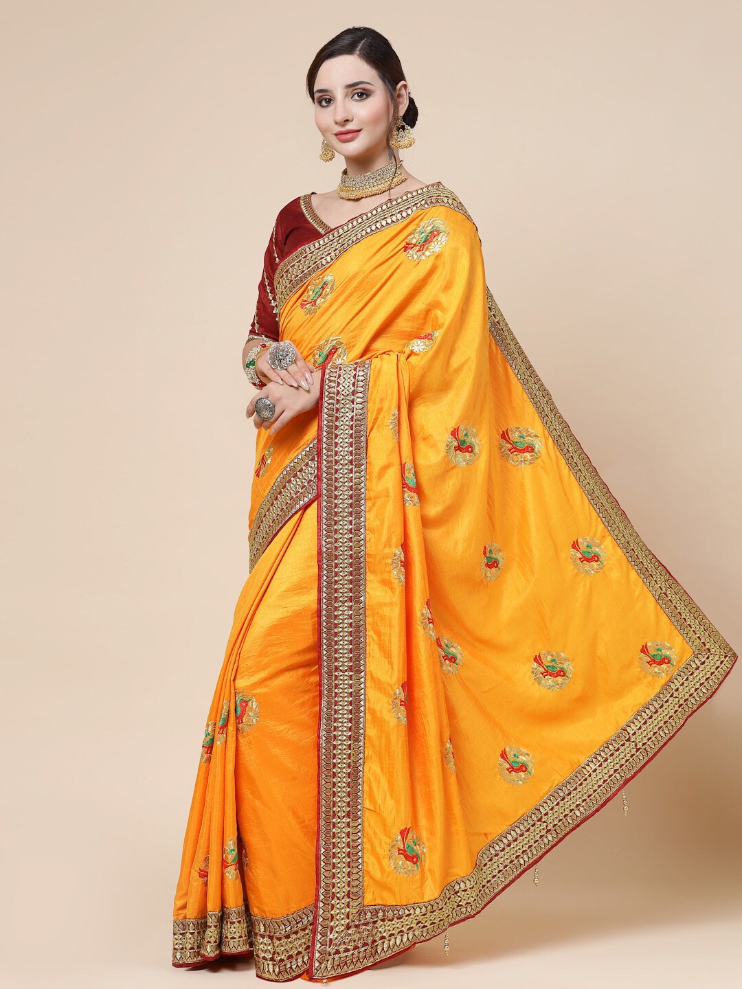 

KALINI Floral Embroidered Art Silk Saree, Yellow