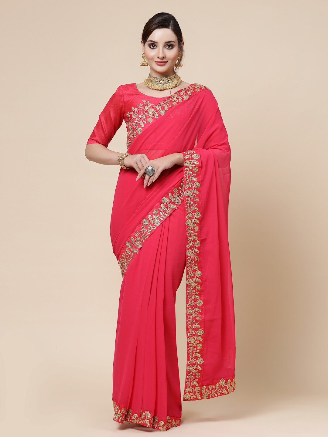 

KALINI Embroidered Pure Georgette Saree, Pink