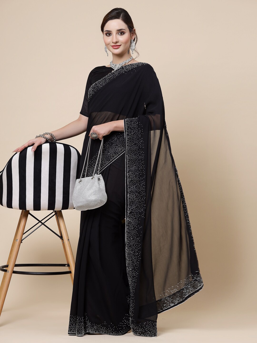 

KALINI Beads and Stones Saree, Black