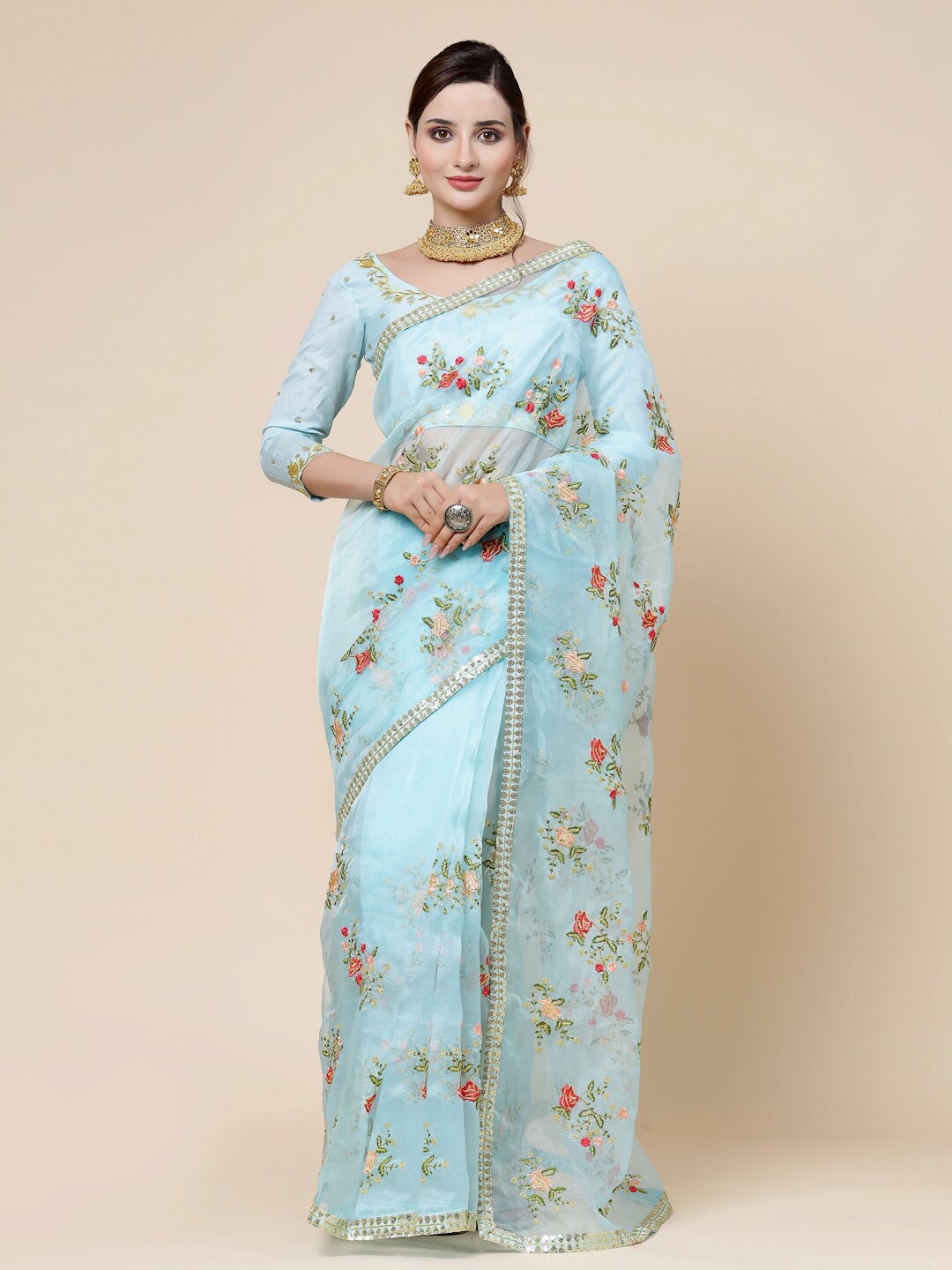 

KALINI Floral Embroidered Sequinned Saree, Blue