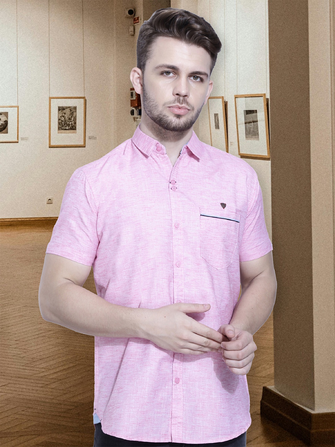 

Kuons Avenue Smart Slim Fit Self Design Linen Cotton Casual Shirt, Pink