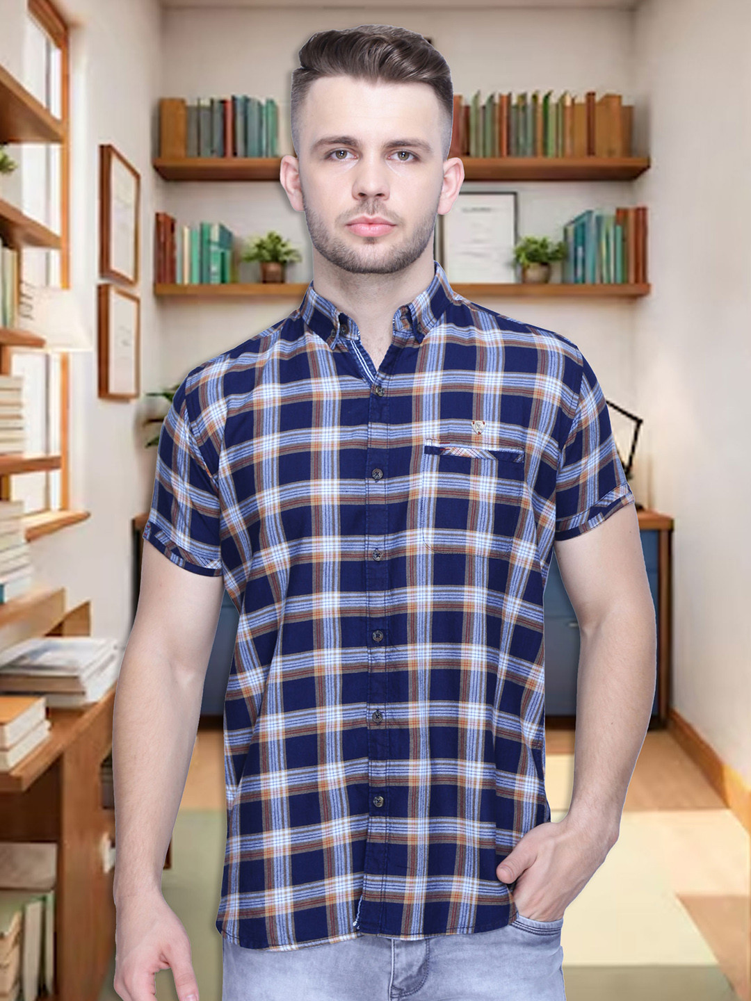 

Kuons Avenue Smart Slim Fit Checked Button Down Collar Cotton Casual Shirt, Blue