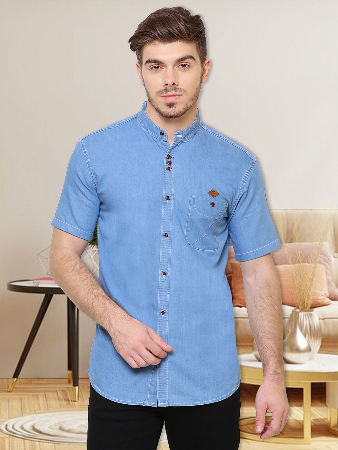 

Kuons Avenue Smart Band Collar Slim Fit Chambray Casual Shirt, Blue