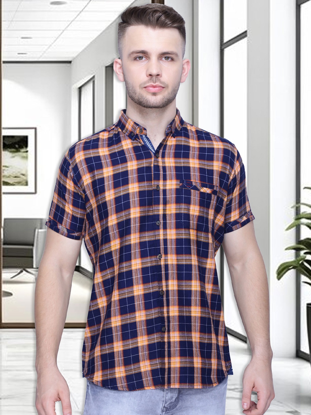 

Kuons Avenue Smart Checked Spread Collar Slim Fit Cotton Casual Shirt, Orange