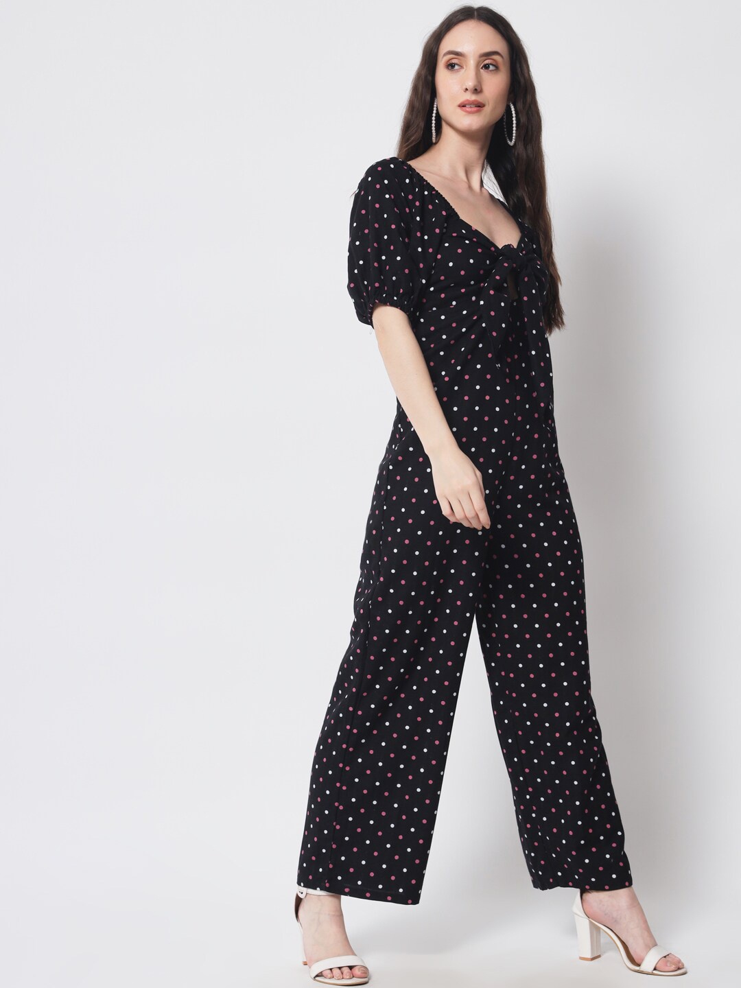 

HERE&NOW Polka Dots Printed Puffed Sleeves Waist Tie Ups Basic Jumpsuit, Black