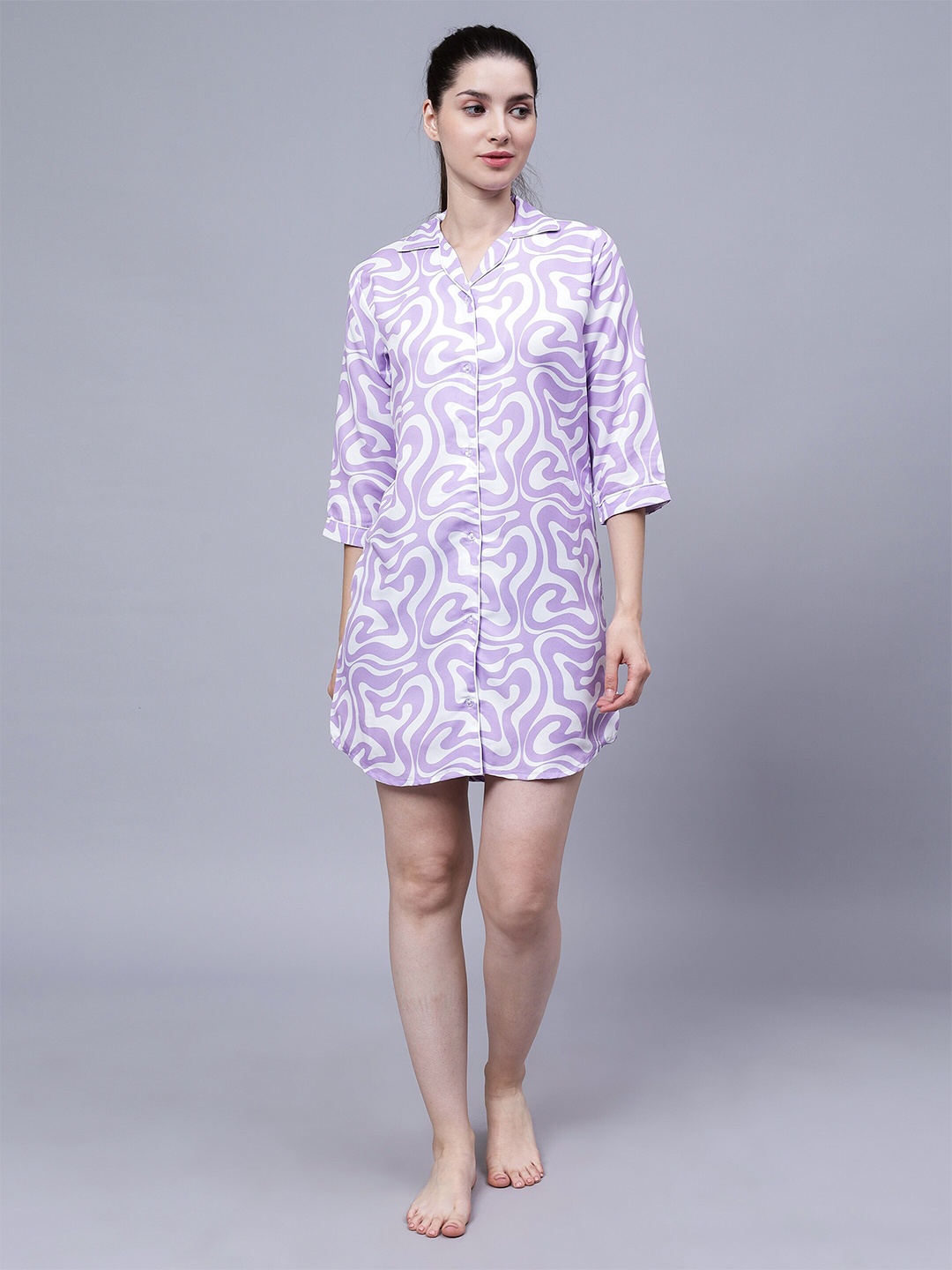 

House of Comfort Abstract Printed Shirt Style Nightdress, White