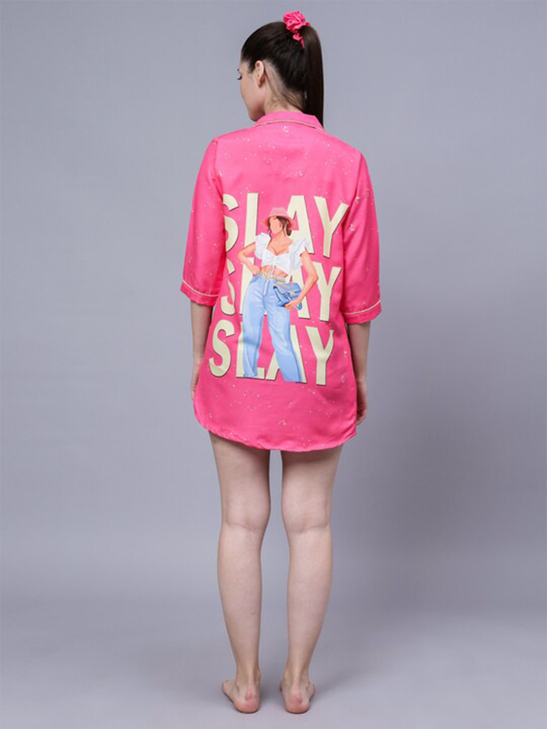 

House of Comfort Graphic Printed Lapel collar Nightdress, Pink