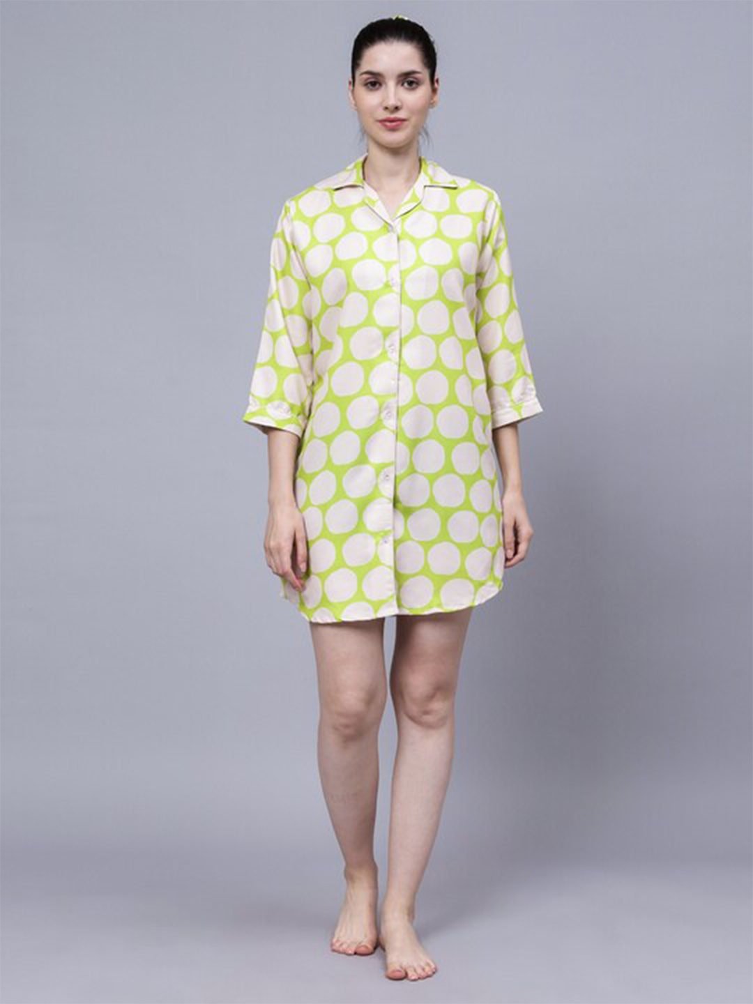 

House of Comfort Graphic Printed Shirt Style Nightdress, Lime green