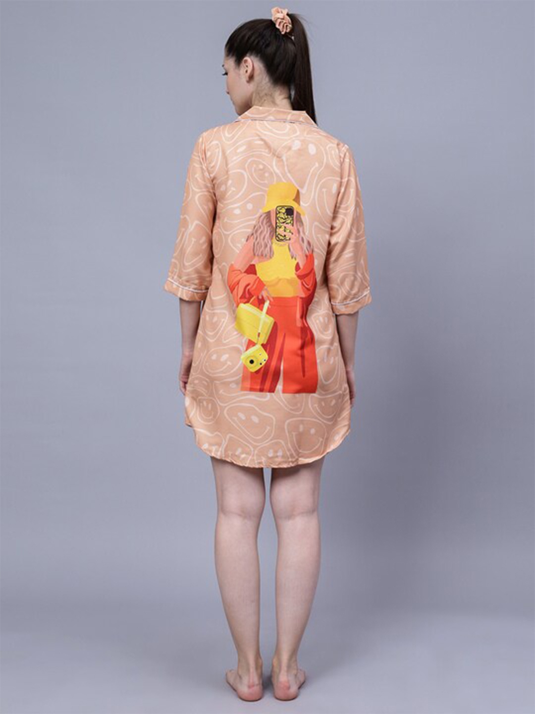 

House of Comfort Graphic Printed Shirt Style Nightdress, Orange
