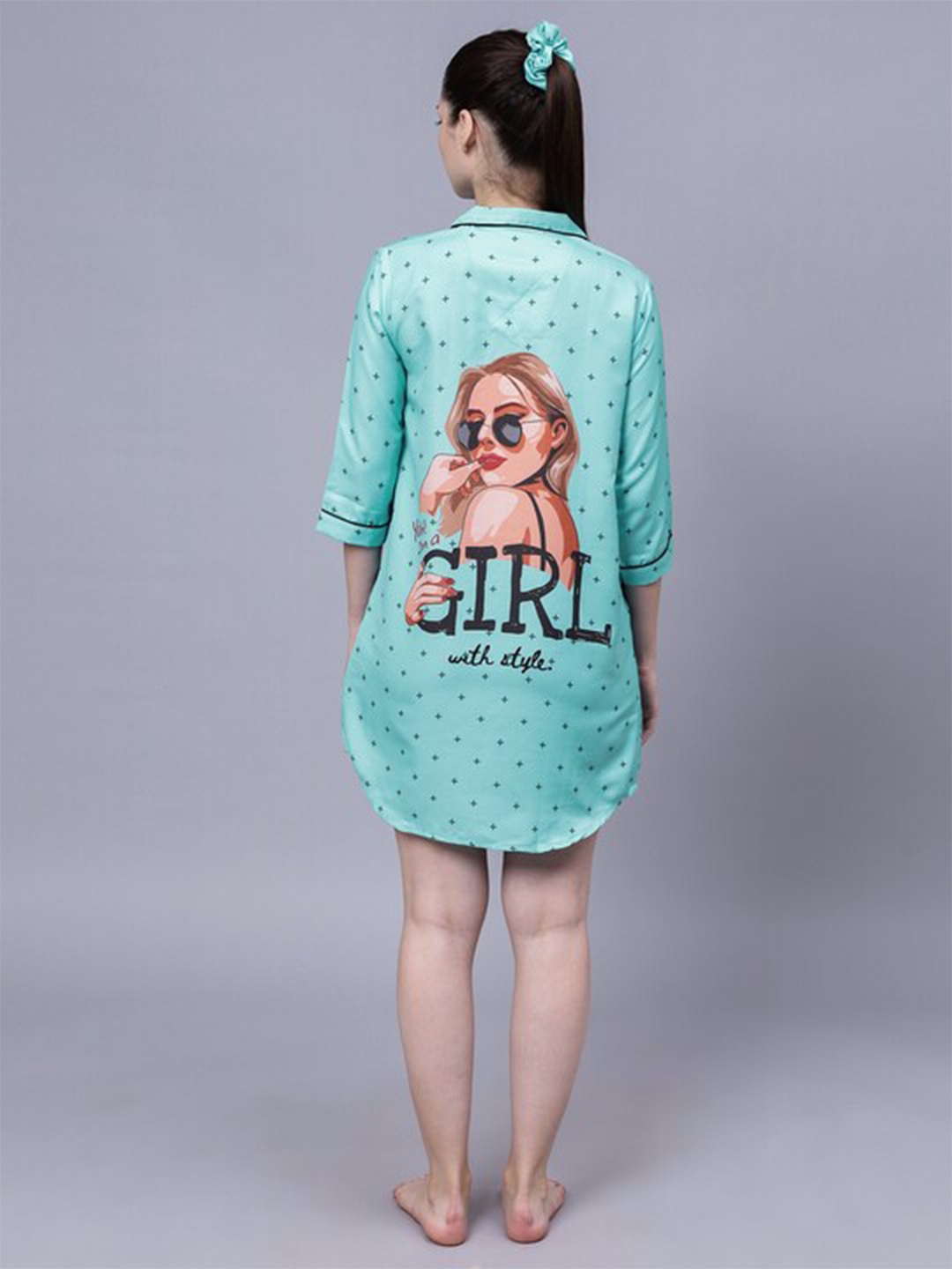 

House of Comfort Graphic Printed Shirt Style Nightdress, Teal
