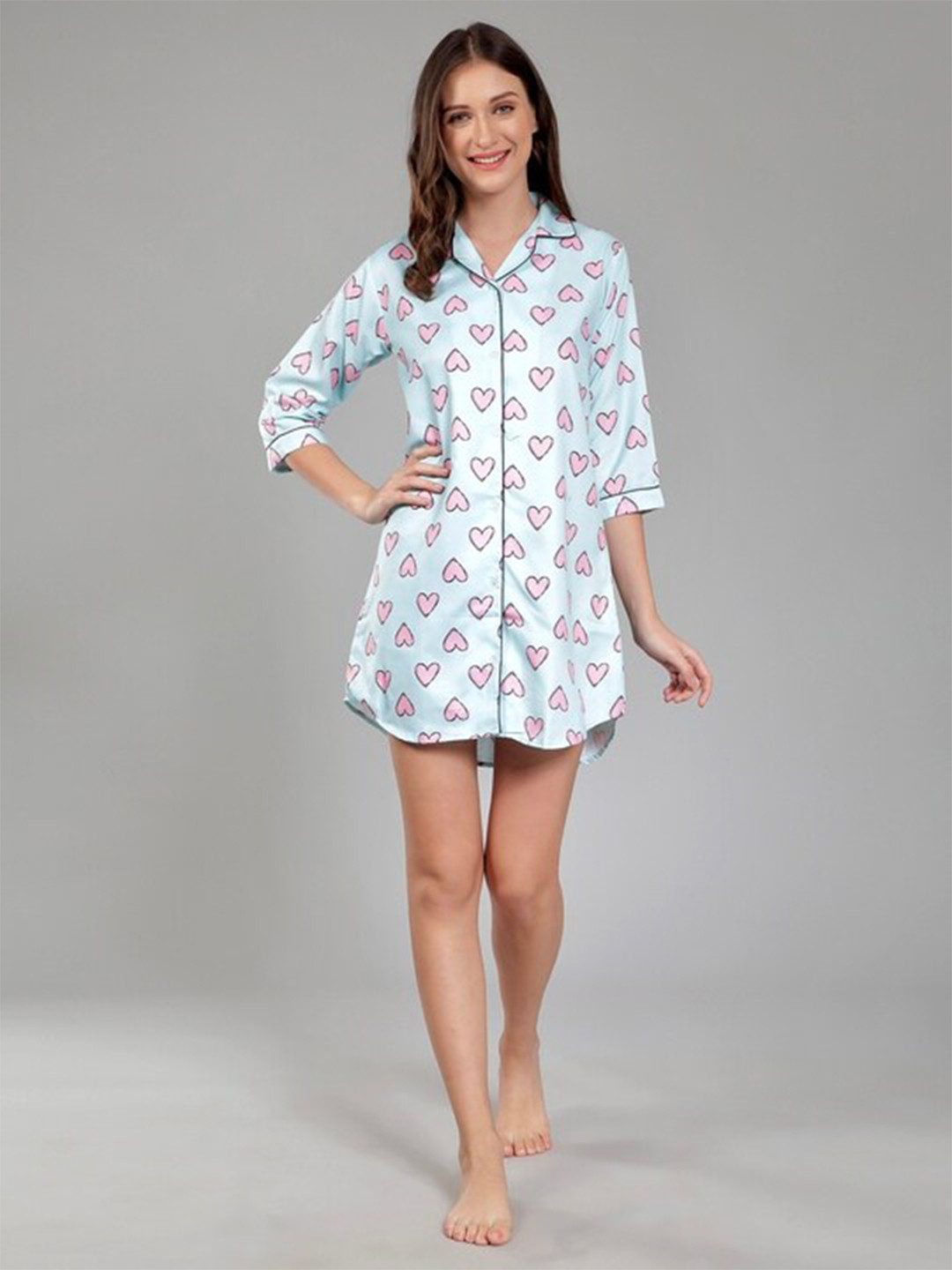 

House of Comfort Conversational Printed Shirt Nightdress, Blue