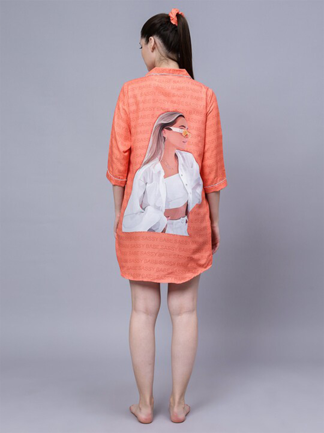 

House of Comfort Graphic Printed Lapel collar Nightdress, Orange