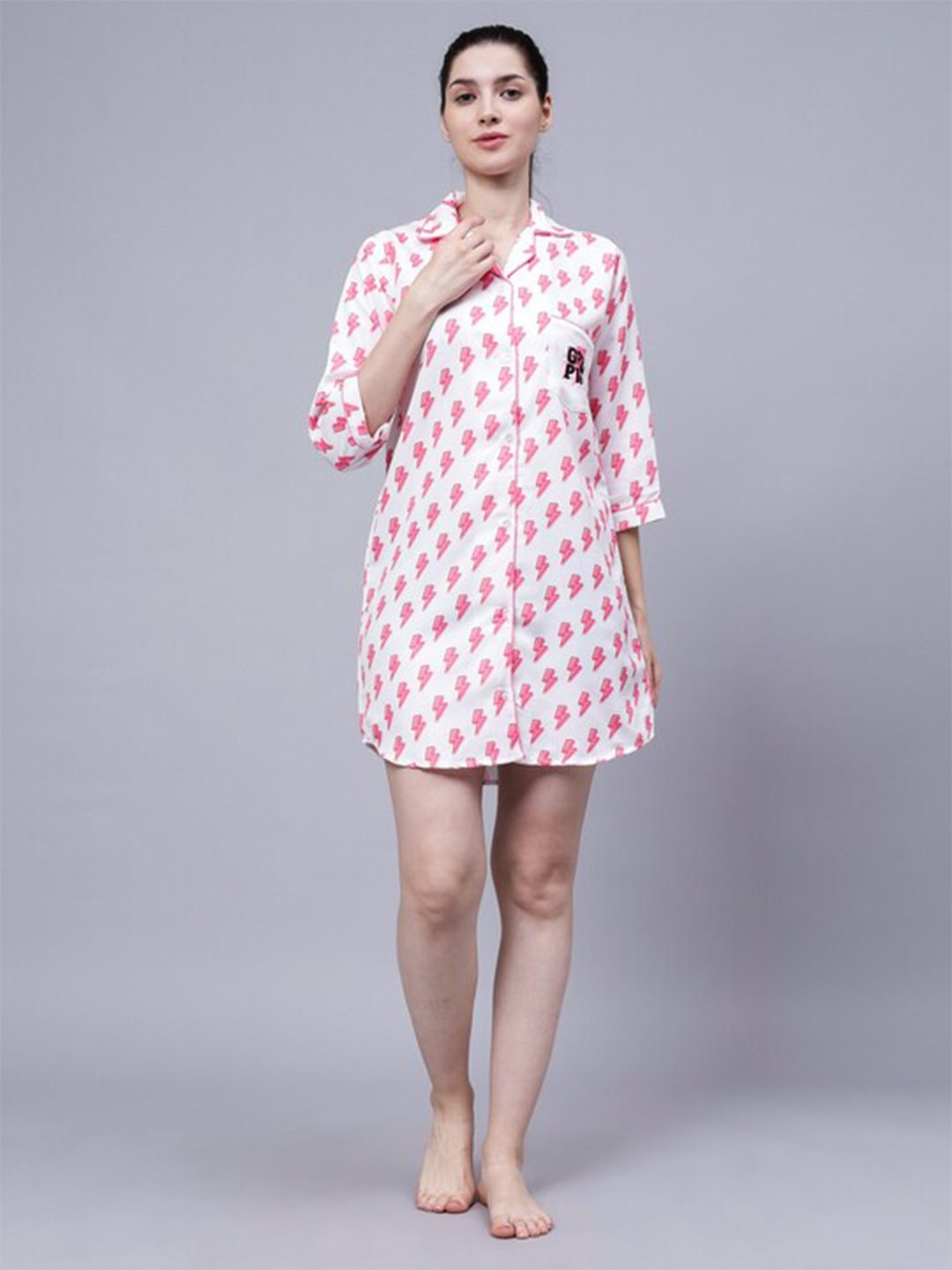 

House of Comfort Conversational Printed Shirt Style Nightdress, White