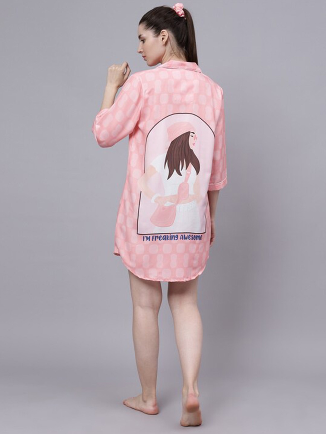 

House of Comfort Graphic Printed Shirt Style Nightdress, Pink