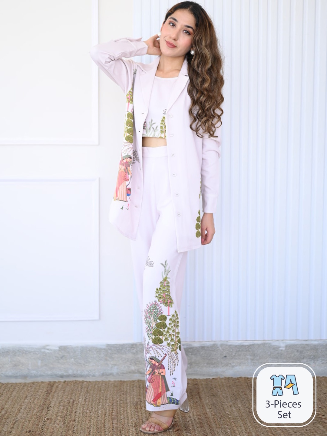 

Muvazo Printed Top & Trouser With Jacket, Off white