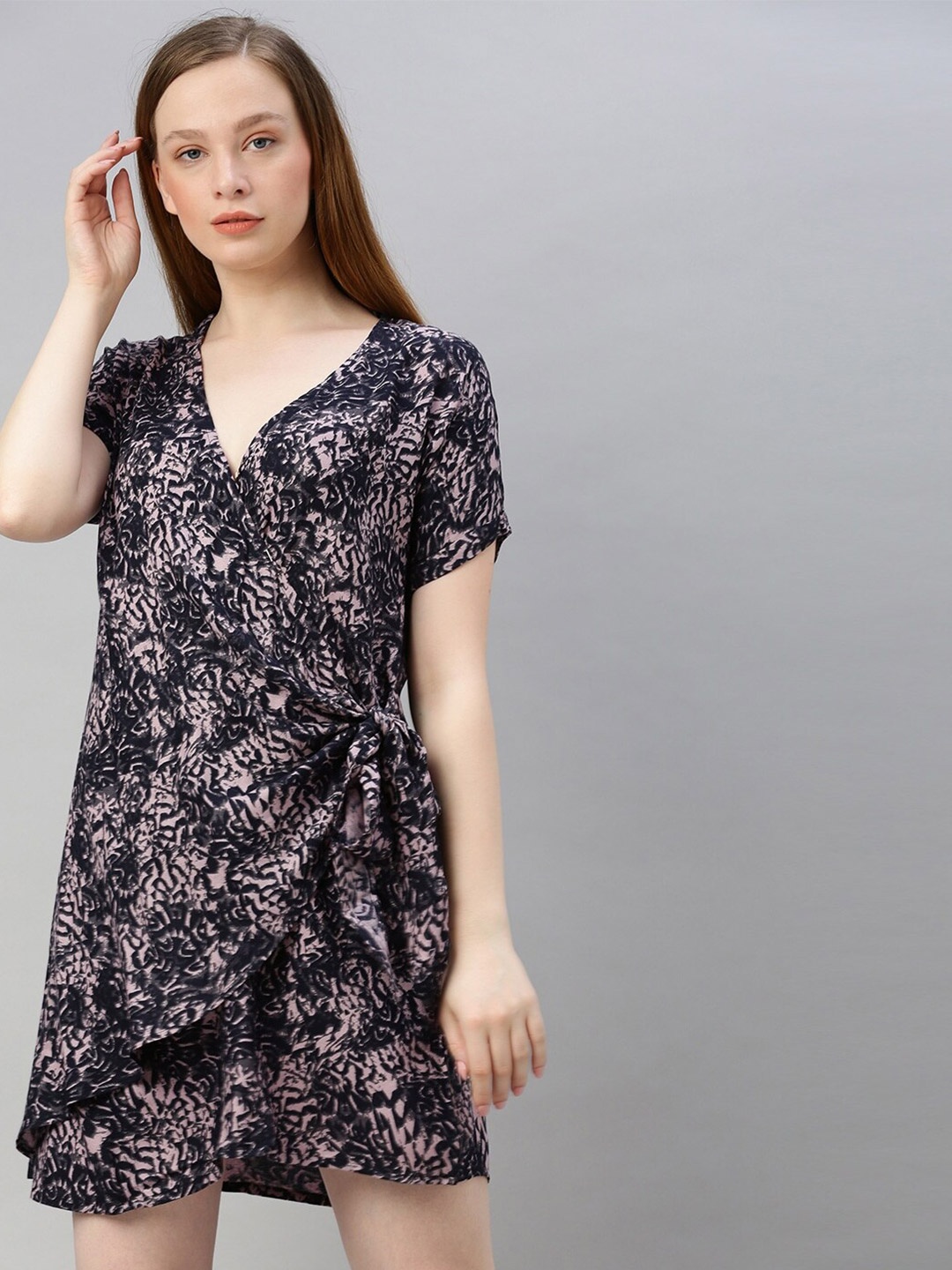 

Sera Black & Pink Abstract Printed Tie-Up Detail Liva Wrap Dress
