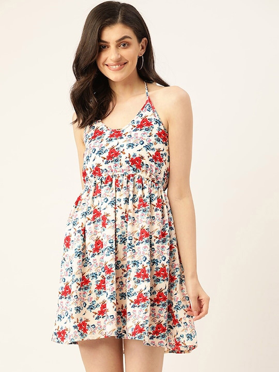 

Sera Off White & Red Floral Printed Halter Neck Fit & Flare Mini Dress