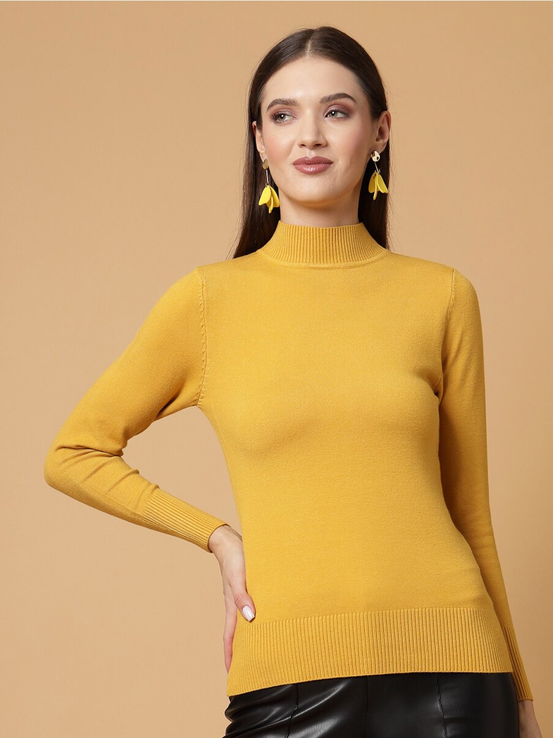 

Mafadeny Ribbed Mock Collar Pullover, Mustard