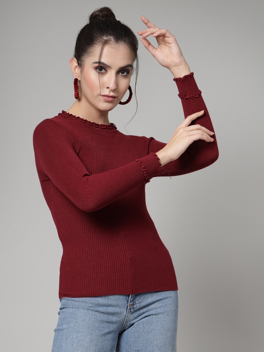 

Mafadeny Ribbed Long Sleeves Pullover, Maroon