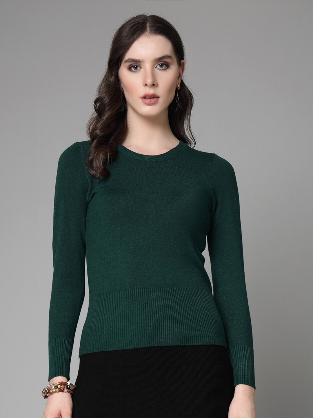 

Mafadeny Round Neck Ribbed Pullover, Green