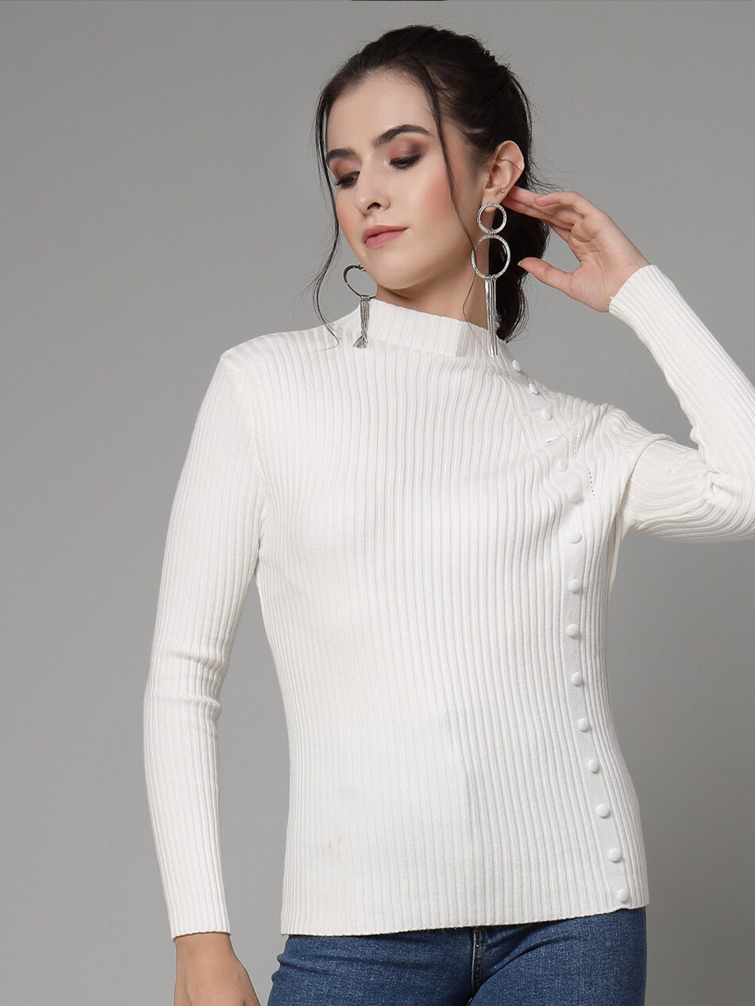 

Mafadeny Ribbed High Neck Pullover, White