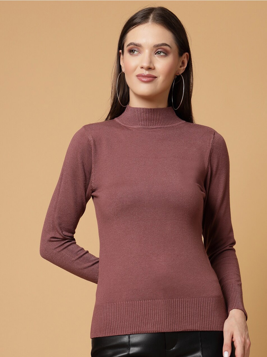 

Mafadeny Ribbed Mock Collar Long Sleeves Pullover, Brown