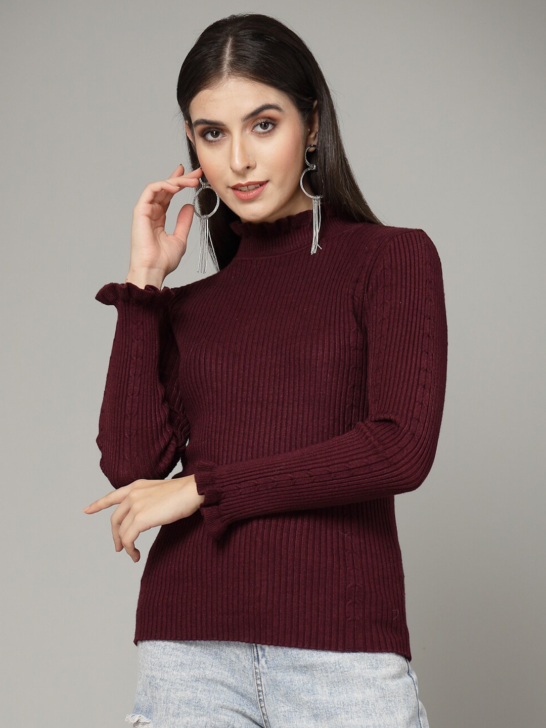 

Mafadeny Ribbed High Neck Pullover, Maroon