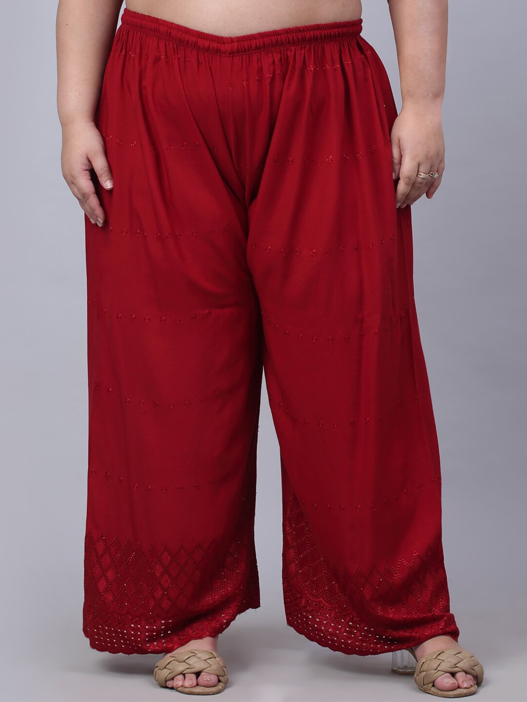 

Trend Level Women Wide-Leg Geometric Hem Design Palazzos, Maroon