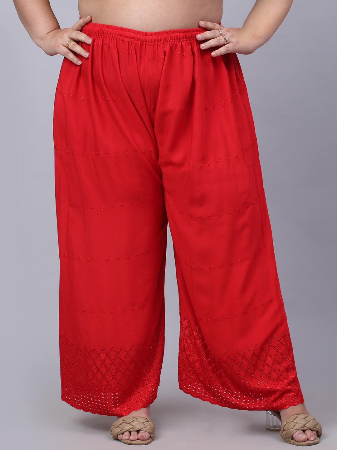 

Trend Level Women Wide-Leg Geometric Hem Design Ethnic Palazzos, Red