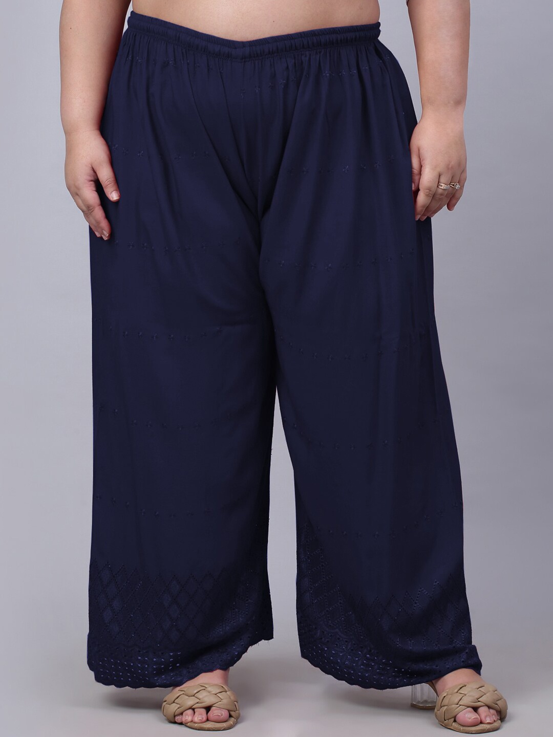 

Trend Level Women Wide-Leg Geometric Hem Design Palazzos, Navy blue