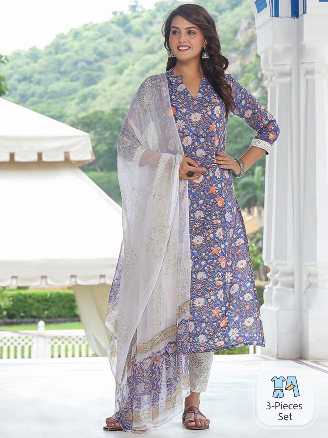 

KALINI Floral Printed Mandarin Collar Regular Kurta With Trousers & Dupatta, Blue