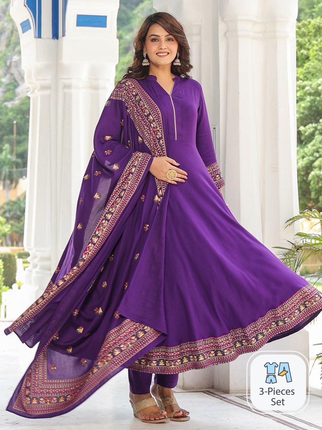 

KALINI Mandarin Collar Anarkali Kurta With Trousers & Dupatta, Purple