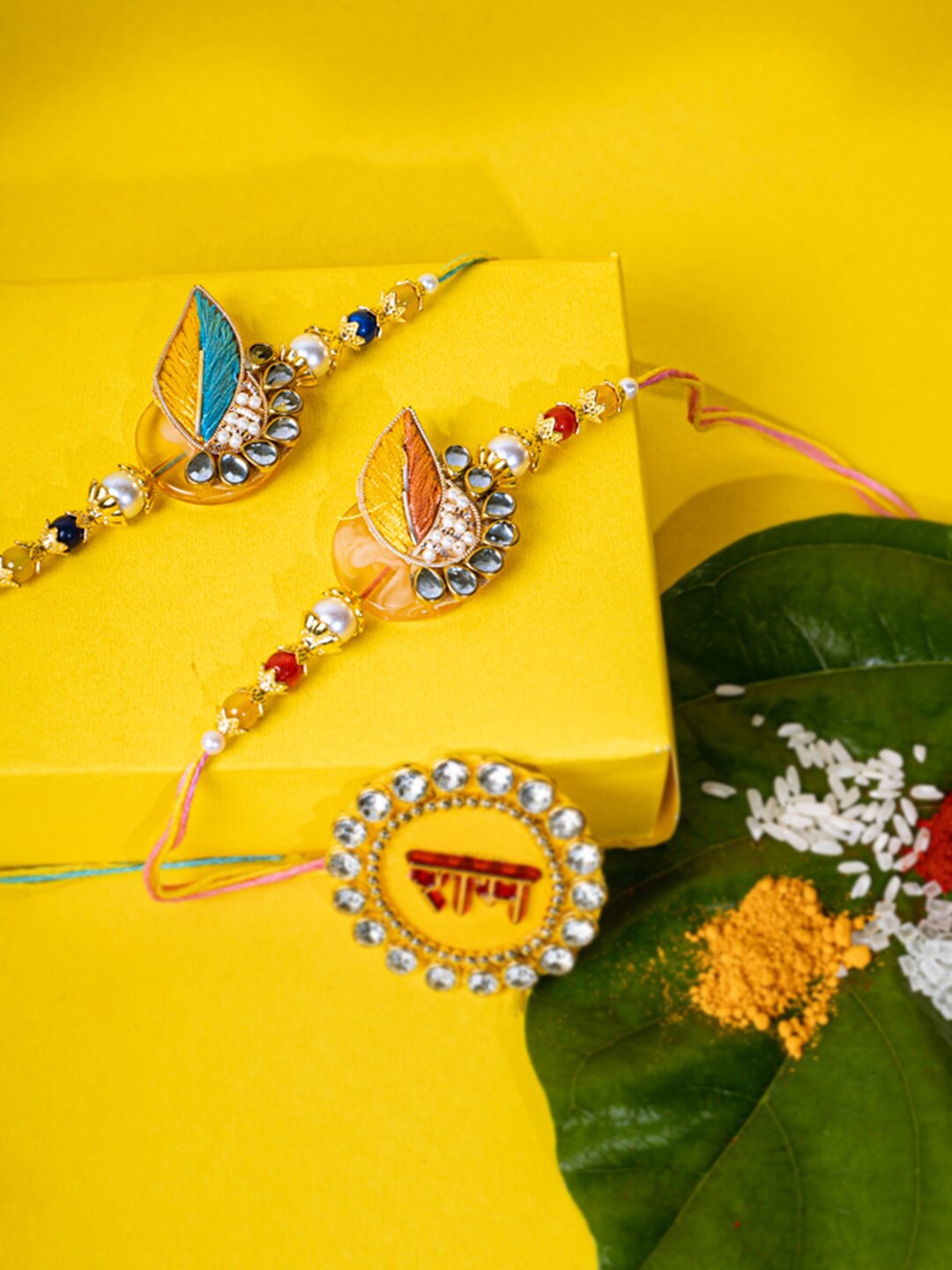 

PANASH Set Of 2 Gold-Plated Kundan-Studded Thread Rakhis