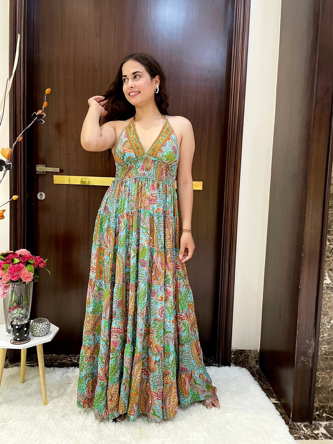

smisingbee Ethnic Motifs Printed Halter Neck Smocked Detail Tiered Maxi Dress, Sea green