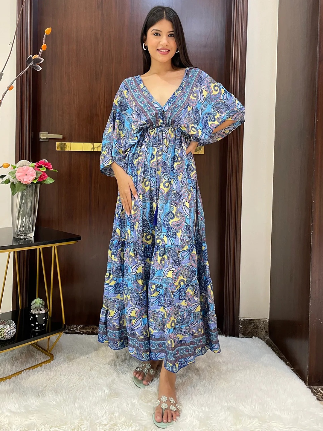 

smisingbee Ethnic Motifs Printed V-Neck Kimono Sleeves Tie-Ups Detail Maxi Dress, Blue