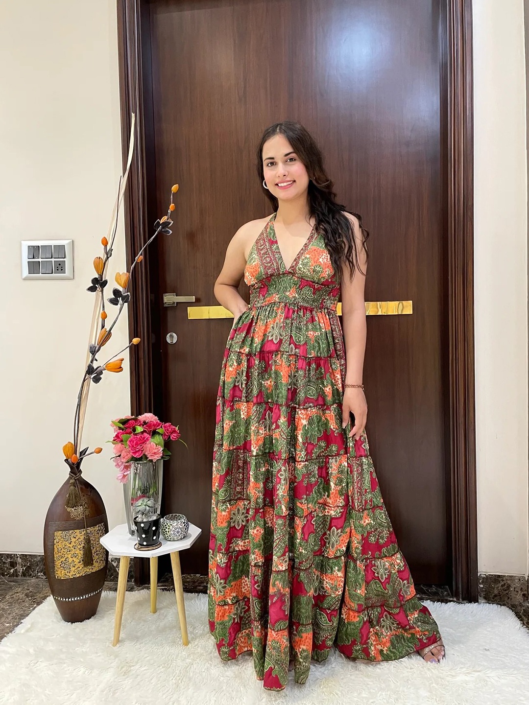 

smisingbee Floral Printed Halter Neck Tiered Maxi Dress, Red