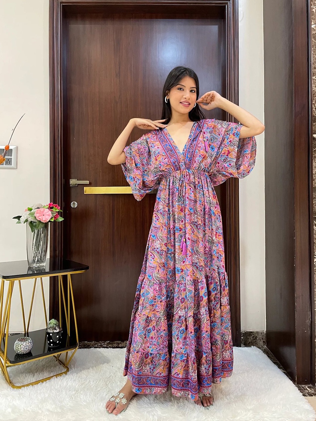 

smisingbee Ethnic Motifs Printed V-Neck Kimono Sleeves Tie-Ups Detail Maxi Dress, Pink