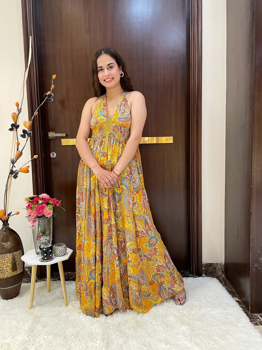

smisingbee Ethnic Motifs Printed Halter Neck Smocked Detail Tiered Maxi Dress, Yellow