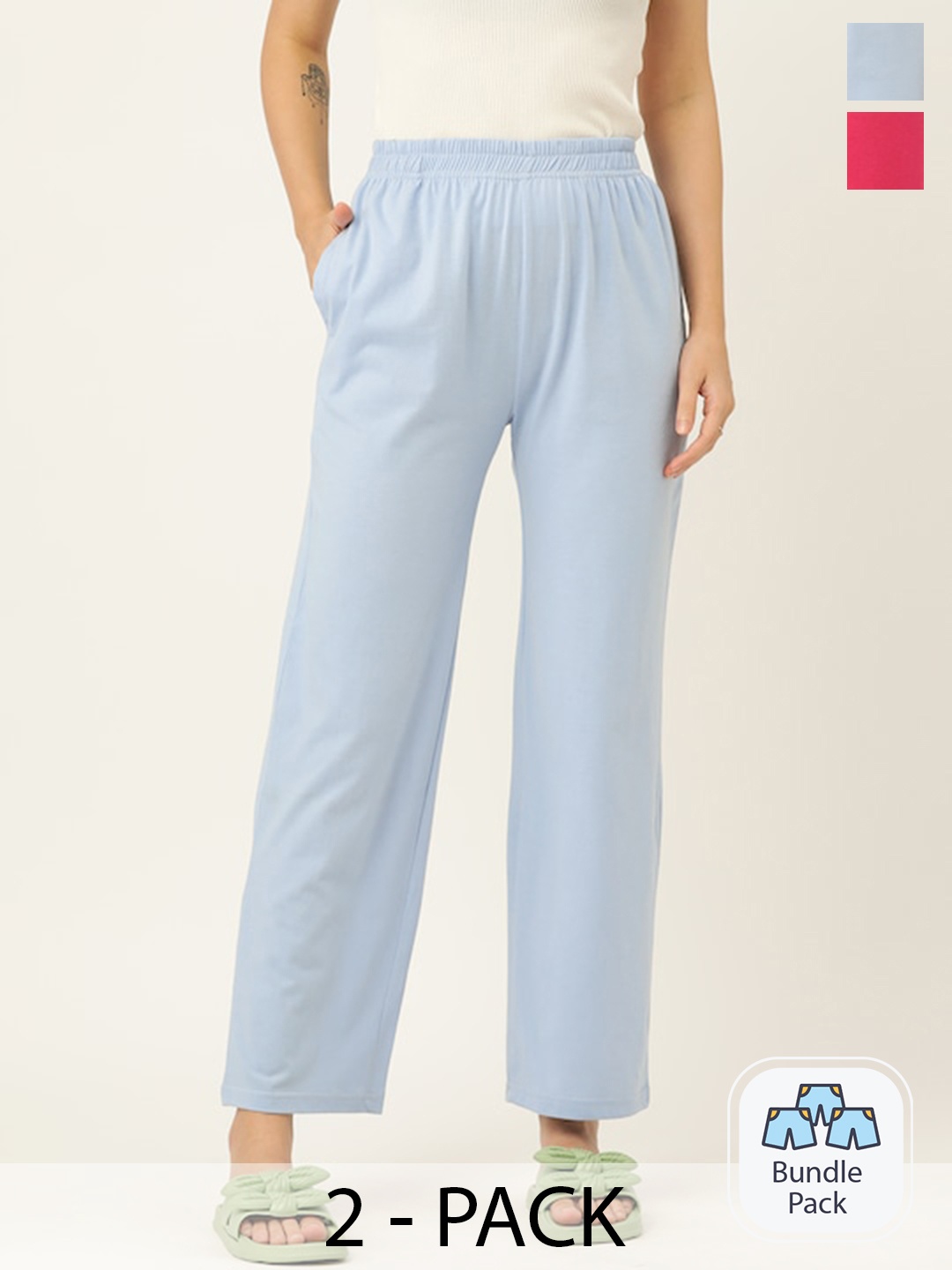 

ETC Women Pack Of 2 Mid-Rise Cotton Lounge Pants, Blue